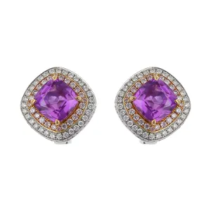 Cushion Cut Purple Sapphire and Diamond Halo Earrings