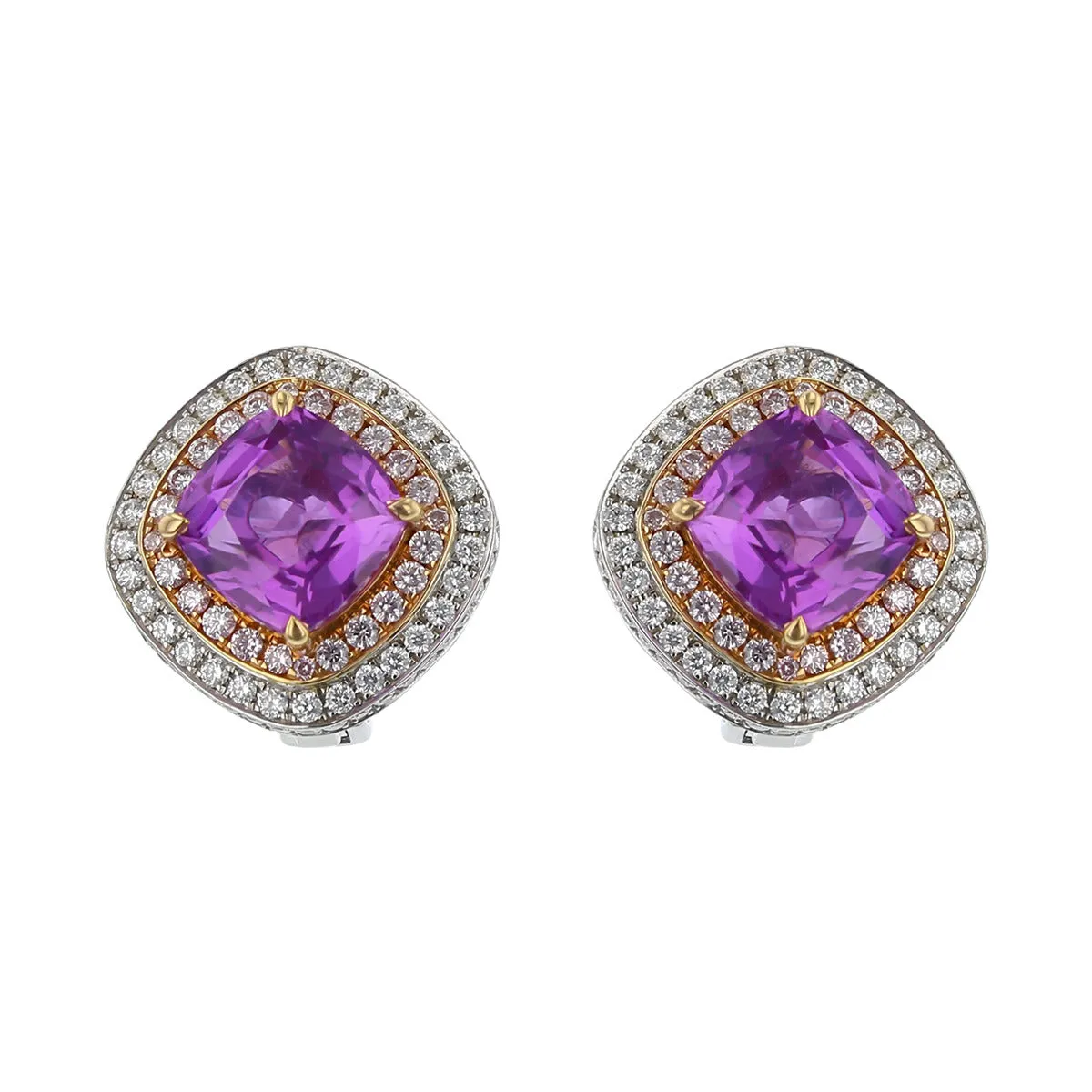 Cushion Cut Purple Sapphire and Diamond Halo Earrings