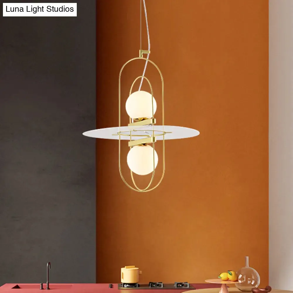 Designer Style White Glass Orb Chandelier: Elegant 2-Light Kitchen Hanging Lamp with Oval Frame Design