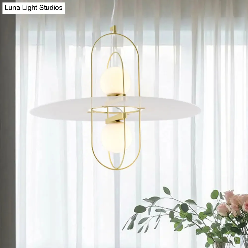 Designer Style White Glass Orb Chandelier: Elegant 2-Light Kitchen Hanging Lamp with Oval Frame Design