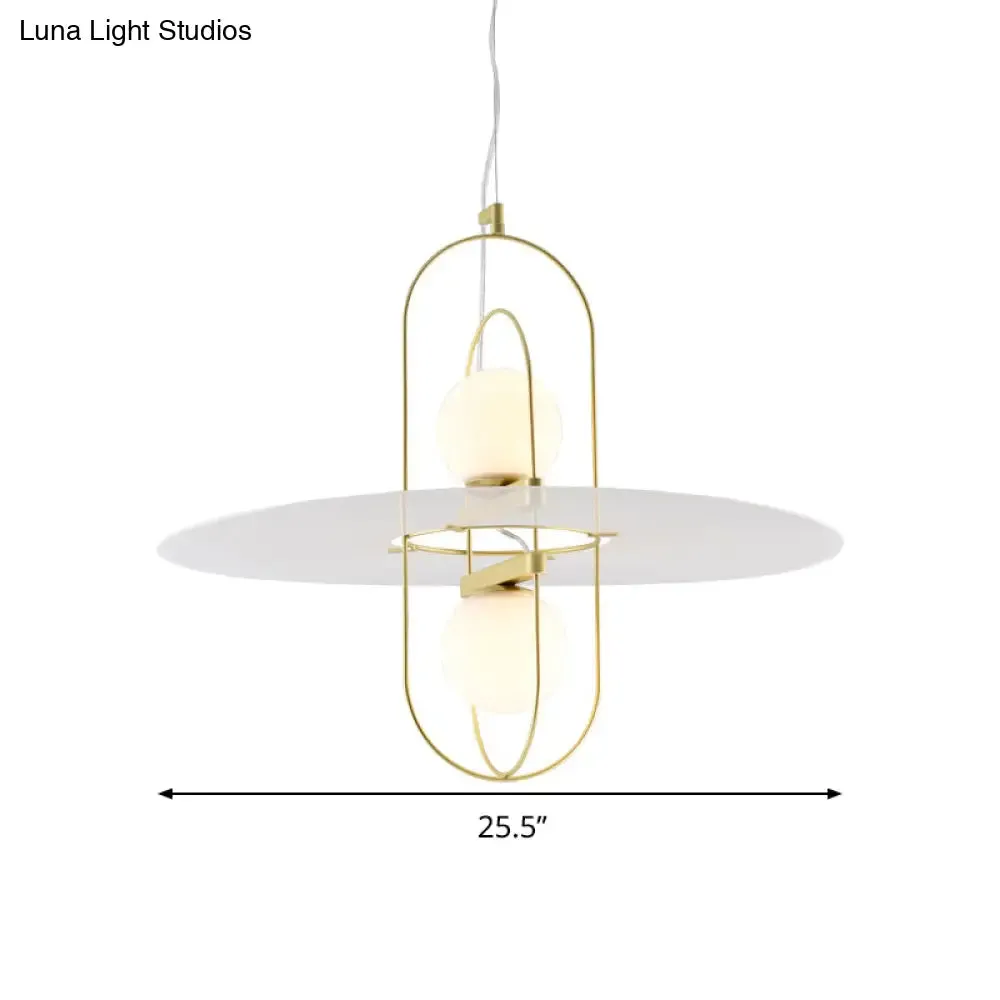 Designer Style White Glass Orb Chandelier: Elegant 2-Light Kitchen Hanging Lamp with Oval Frame Design