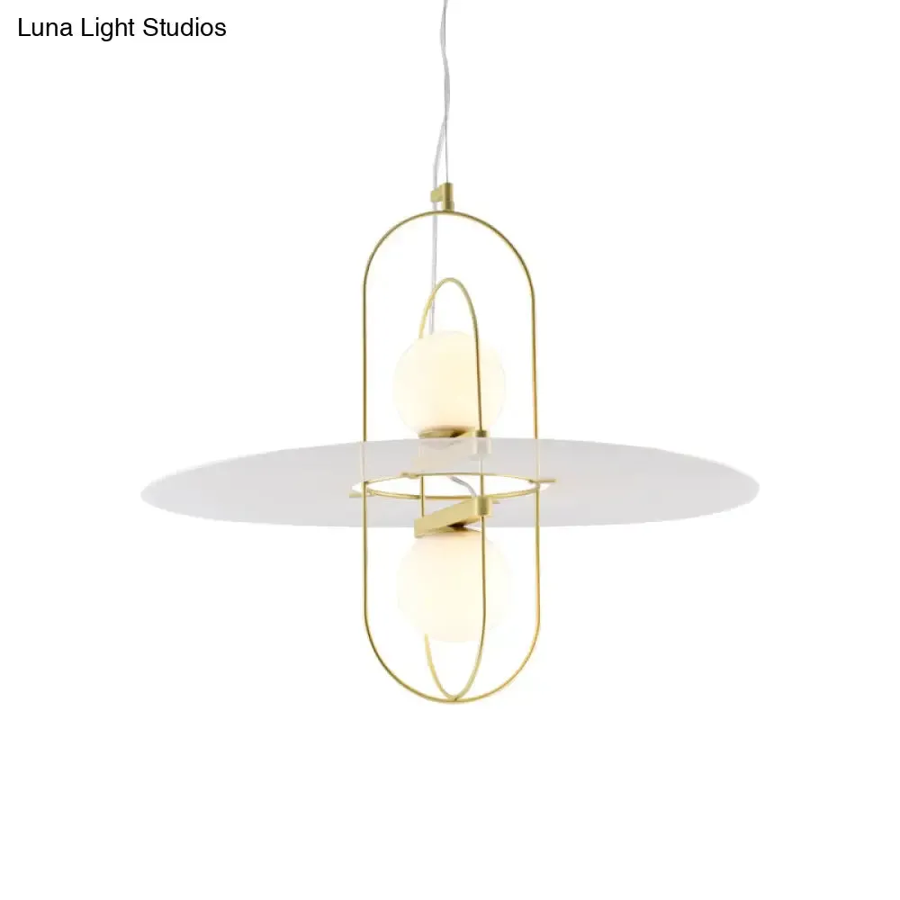 Designer Style White Glass Orb Chandelier: Elegant 2-Light Kitchen Hanging Lamp with Oval Frame Design