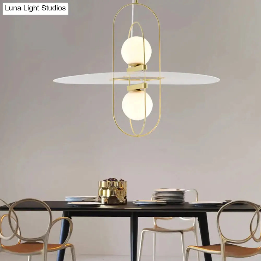 Designer Style White Glass Orb Chandelier: Elegant 2-Light Kitchen Hanging Lamp with Oval Frame Design