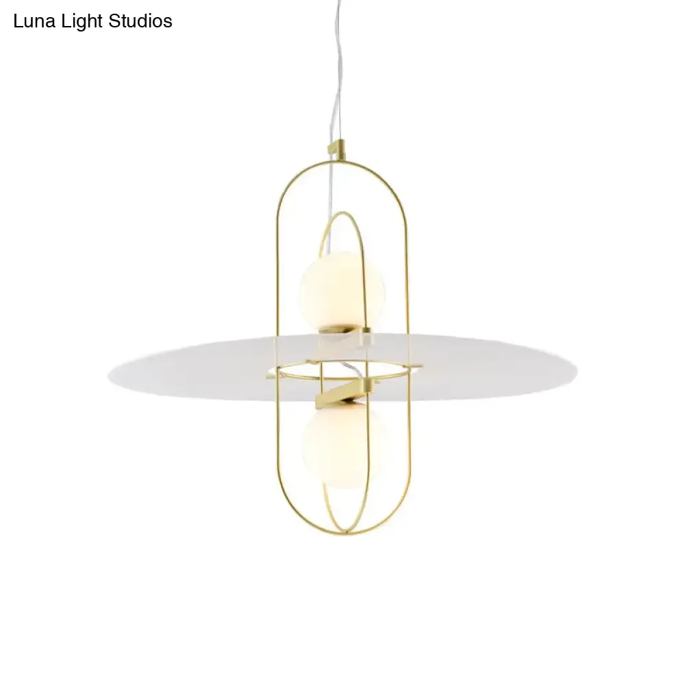 Designer Style White Glass Orb Chandelier: Elegant 2-Light Kitchen Hanging Lamp with Oval Frame Design