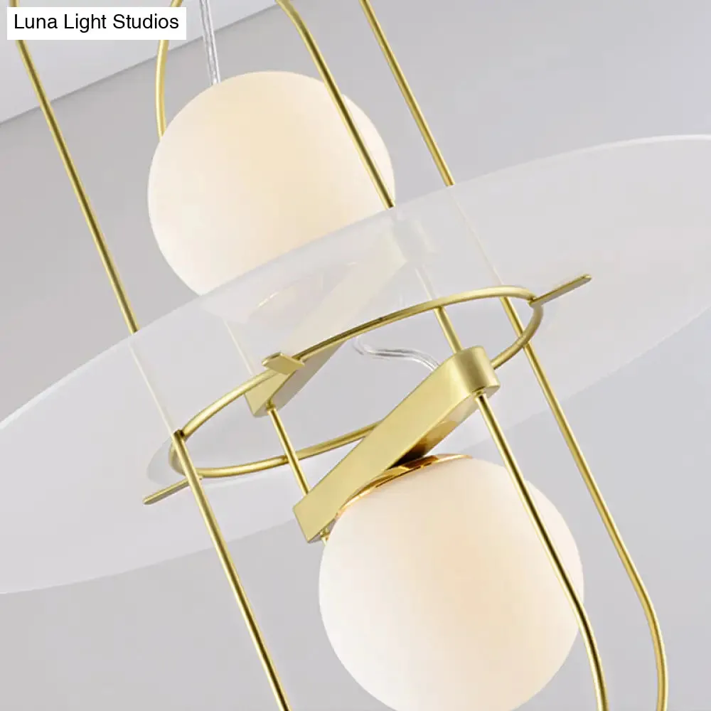 Designer Style White Glass Orb Chandelier: Elegant 2-Light Kitchen Hanging Lamp with Oval Frame Design