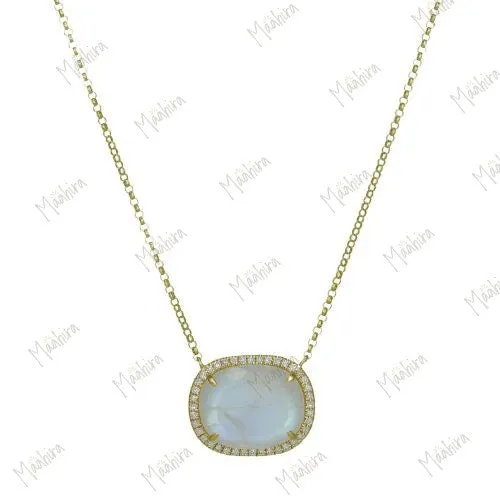 Diamond Rainbow Moonstone Stud Necklace
