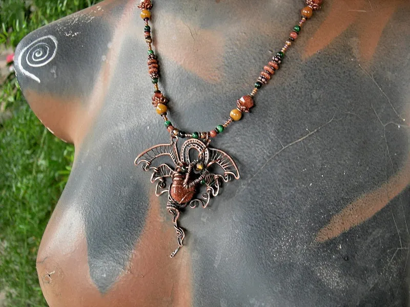 Dragons Hoard Wire Wrap Necklace, Copper, Goldstone, Golden Jade