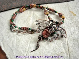Dragons Hoard Wire Wrap Necklace, Copper, Goldstone, Golden Jade