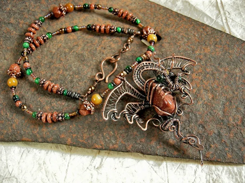 Dragons Hoard Wire Wrap Necklace, Copper, Goldstone, Golden Jade