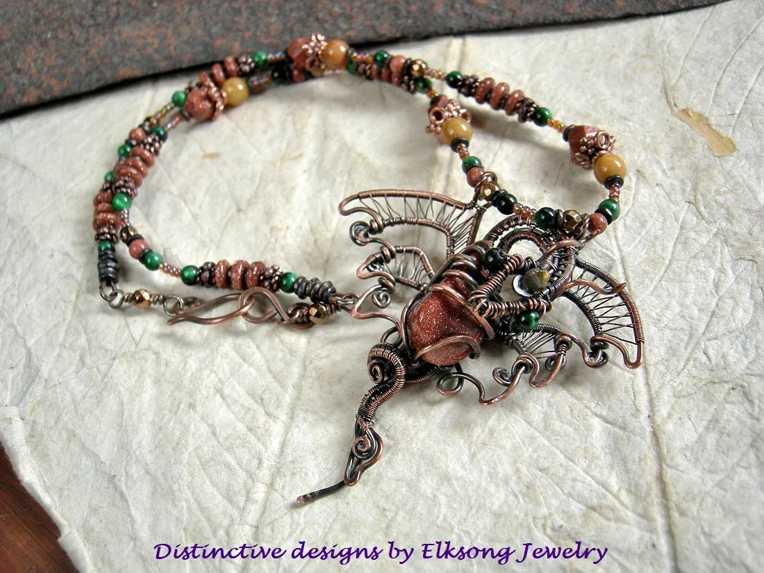 Dragons Hoard Wire Wrap Necklace, Copper, Goldstone, Golden Jade