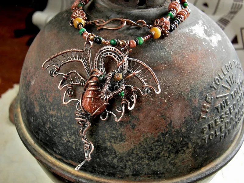 Dragons Hoard Wire Wrap Necklace, Copper, Goldstone, Golden Jade