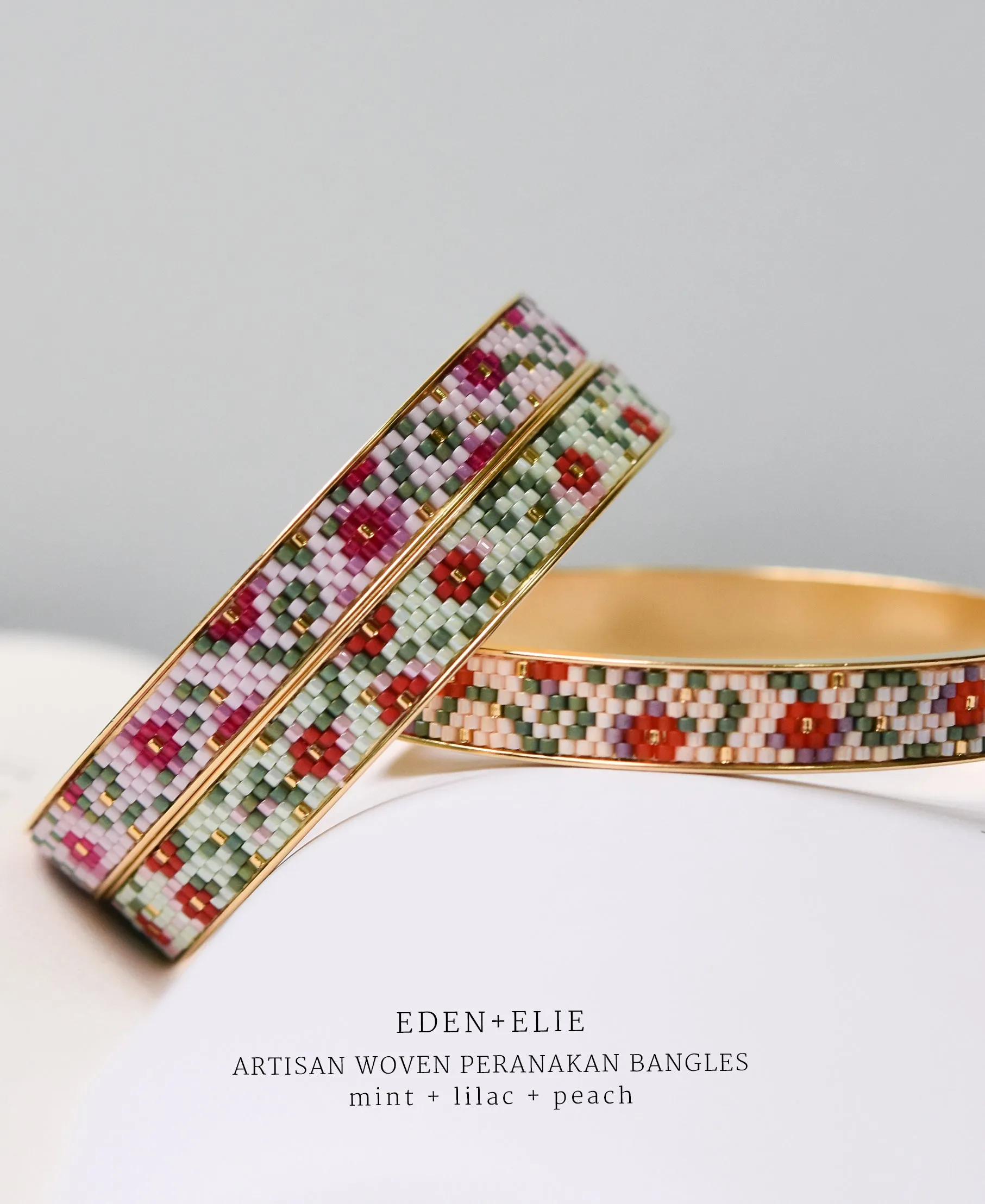 EDEN   ELIE Modern Peranakan gold narrow bangles set of 3 - mint   lilac   peach
