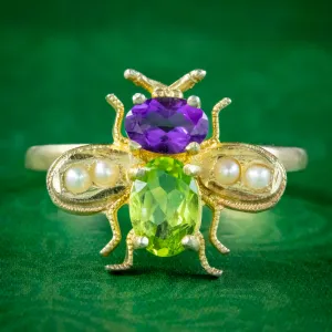 Edwardian Suffragette Style Bee Ring Peridot Amethyst Pearl Silver 18Ct Gold