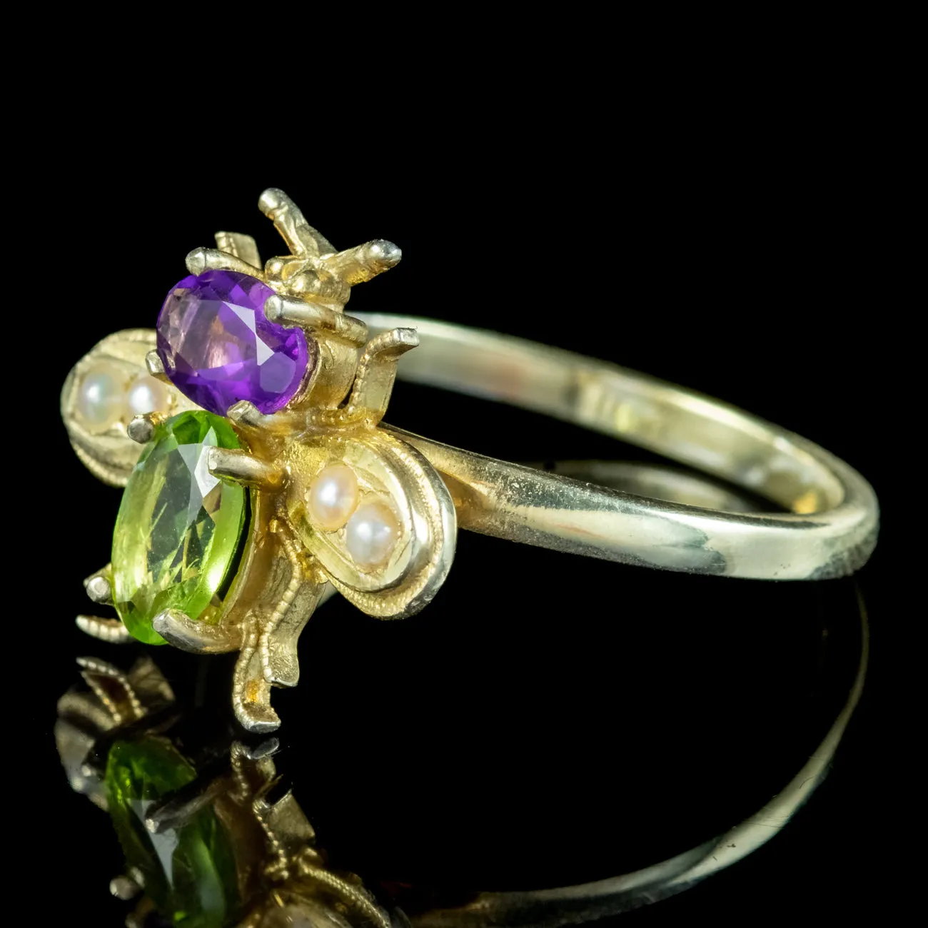 Edwardian Suffragette Style Bee Ring Peridot Amethyst Pearl Silver 18Ct Gold
