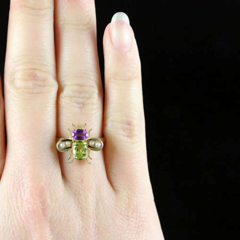 Edwardian Suffragette Style Bee Ring Peridot Amethyst Pearl Silver 18Ct Gold