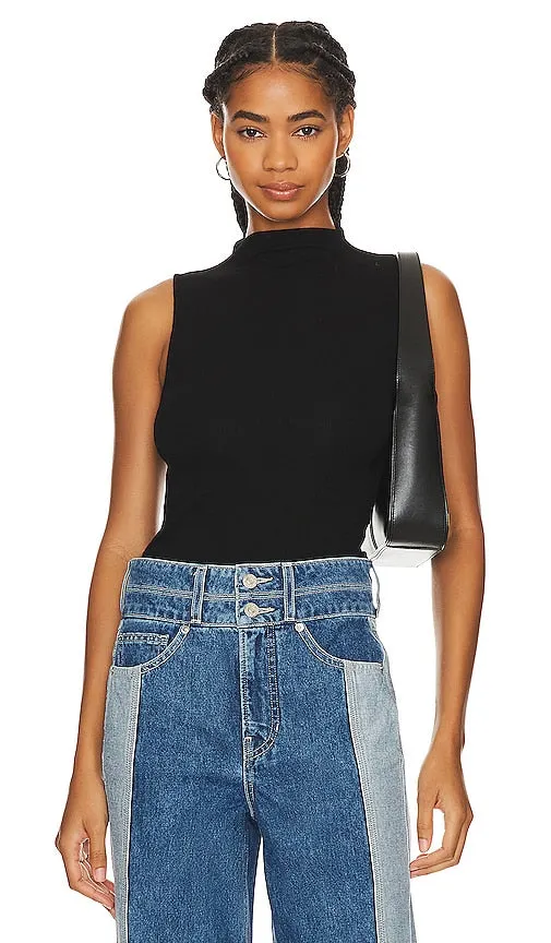 Enza Costa Silk Knit Rib Sleeveless Mockneck in Black