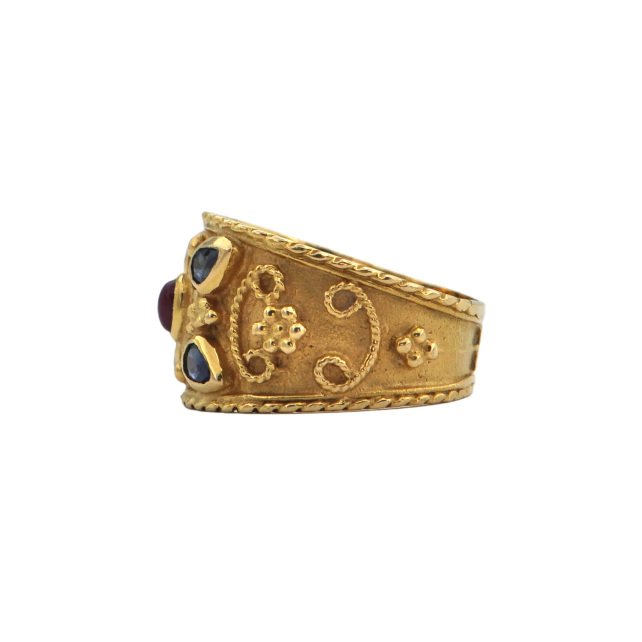 Etruscan Revival Sapphire and Ruby 18k Gold Ring