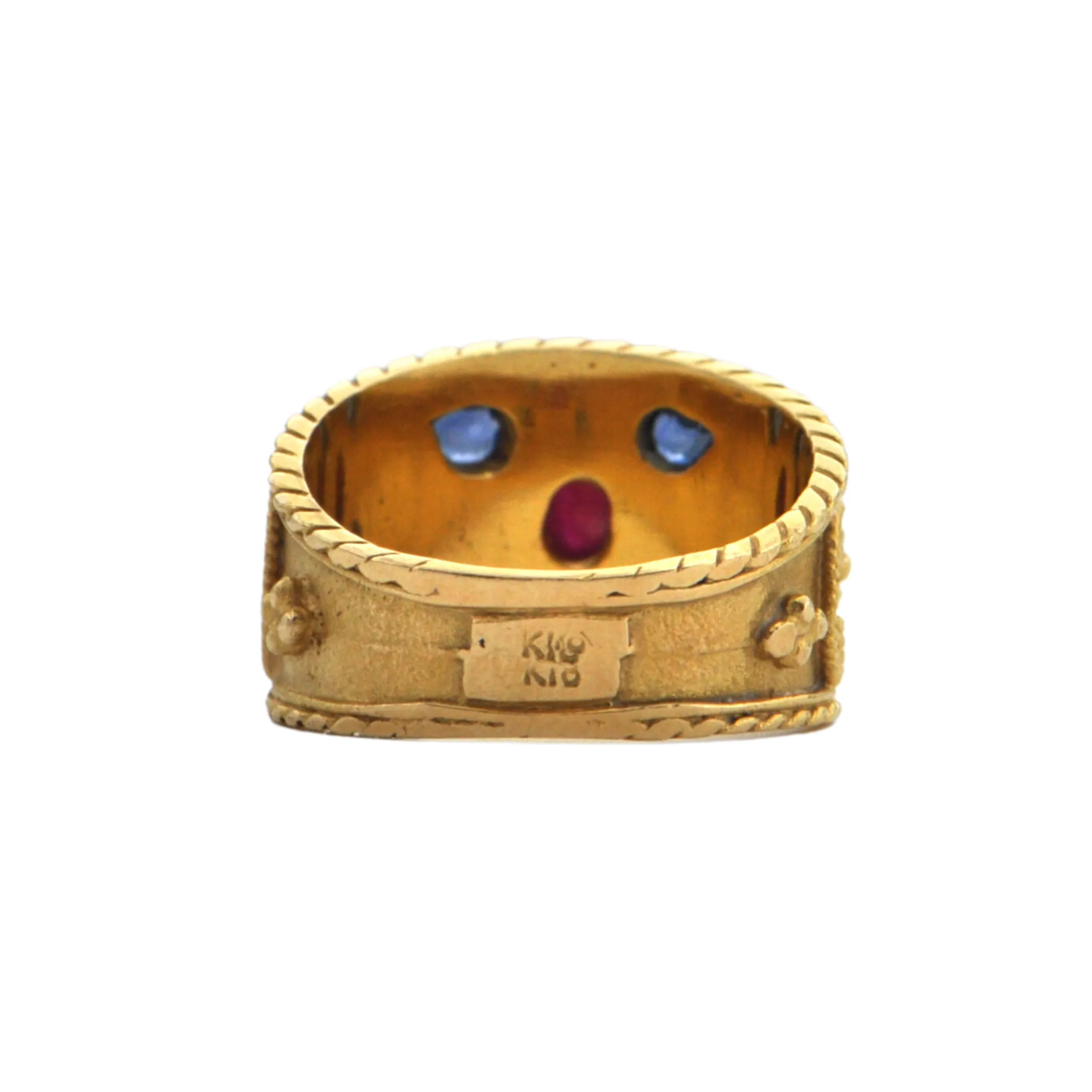 Etruscan Revival Sapphire and Ruby 18k Gold Ring