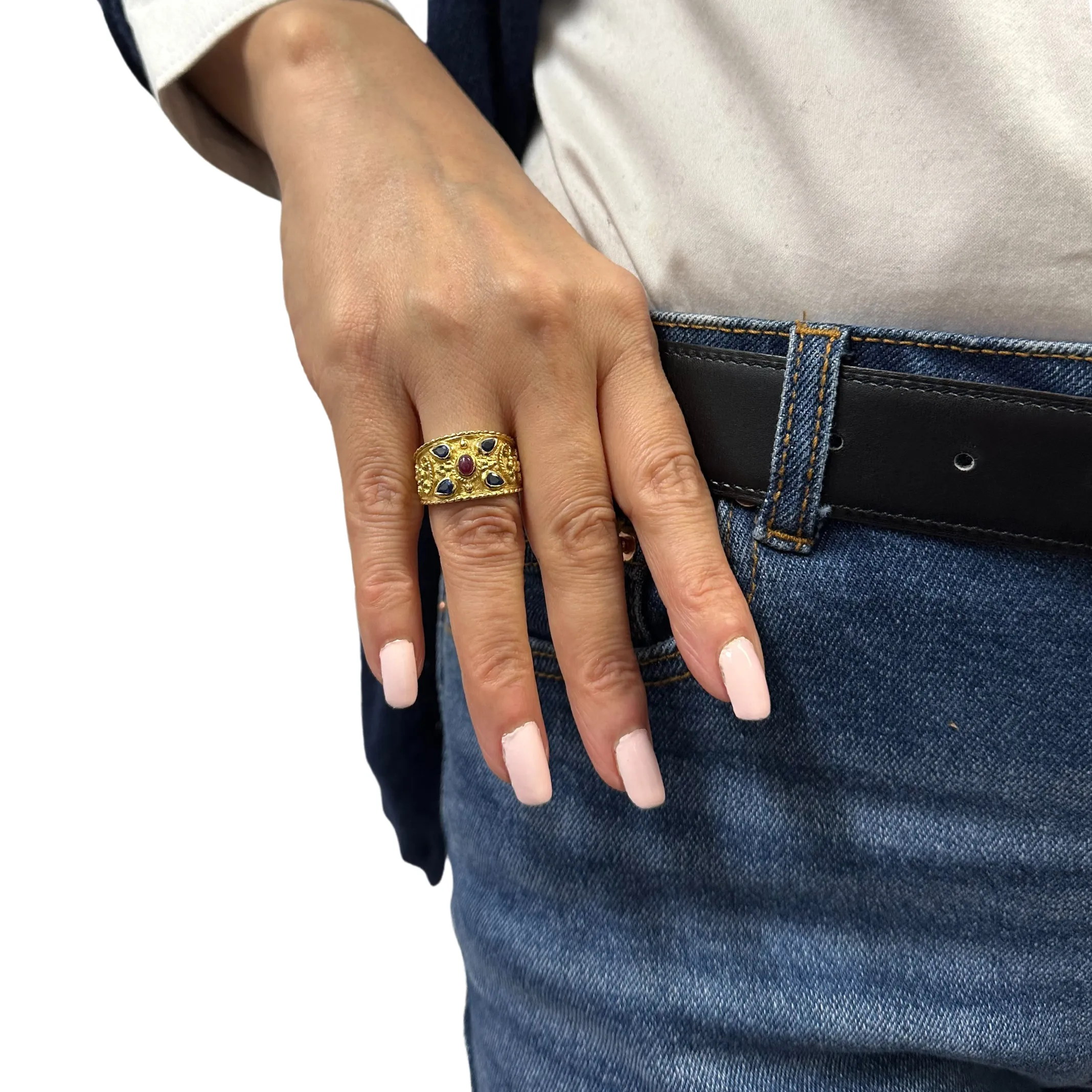 Etruscan Revival Sapphire and Ruby 18k Gold Ring