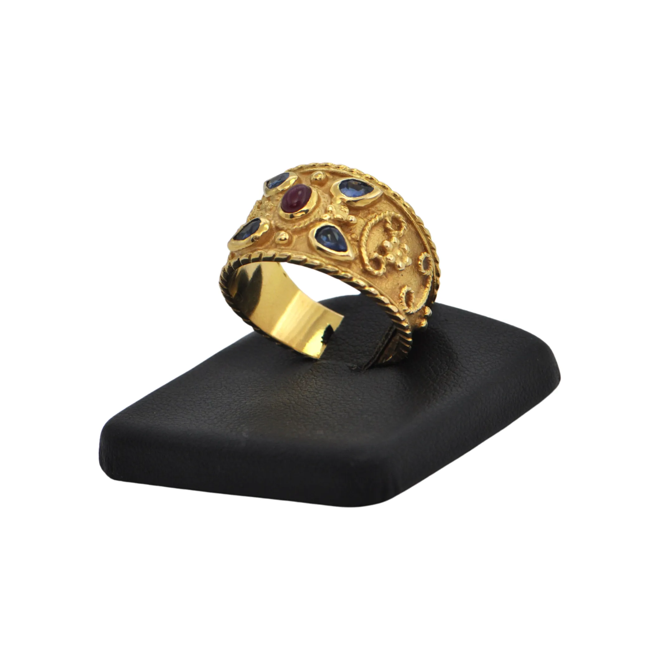 Etruscan Revival Sapphire and Ruby 18k Gold Ring