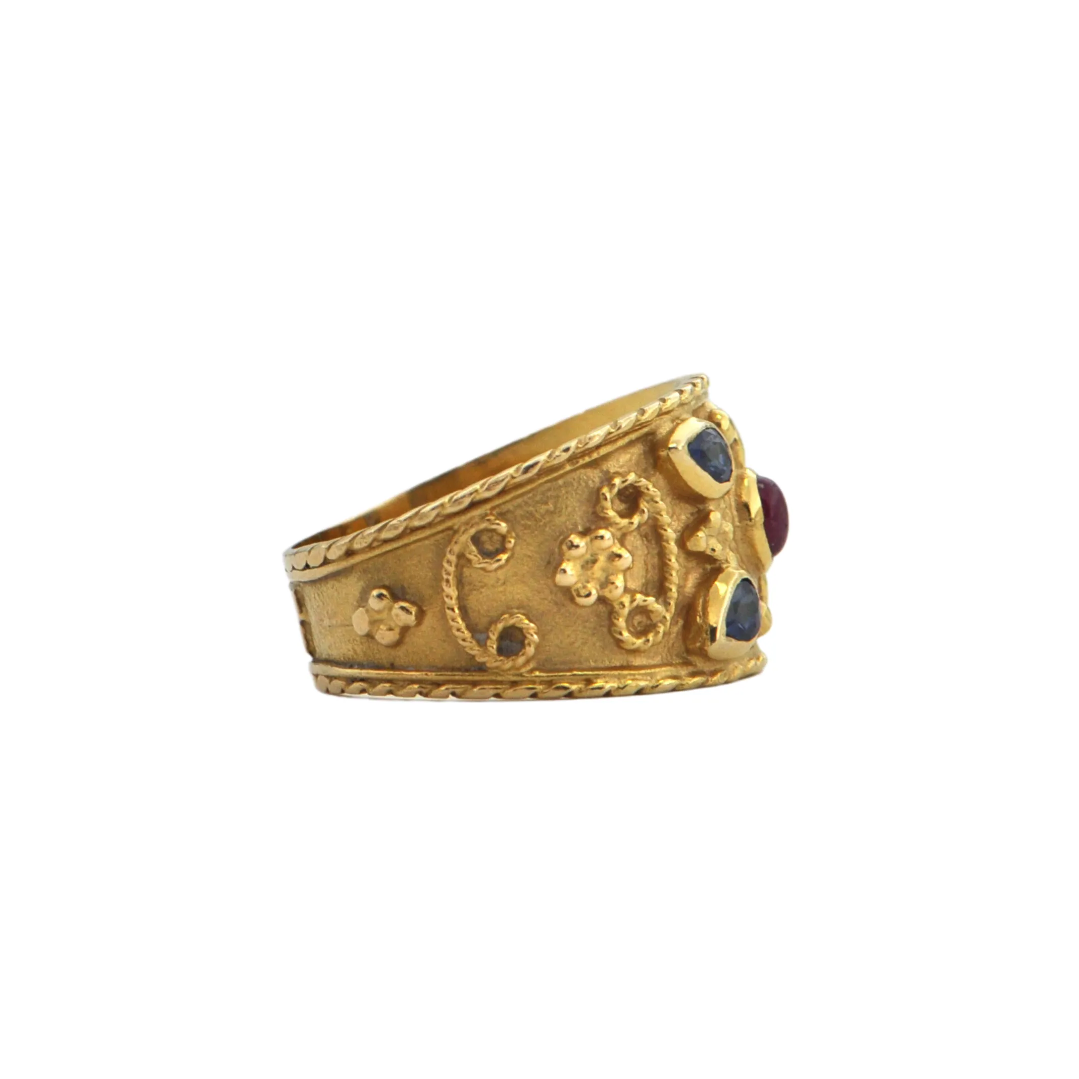 Etruscan Revival Sapphire and Ruby 18k Gold Ring
