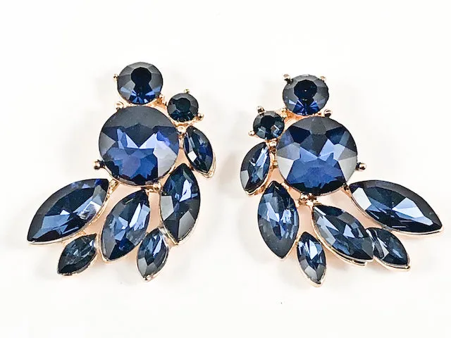 Fancy Beautiful Sharp Mix Shape Stone Pattern Design Sapphire Crystals Gold Tone Fashion Earrings