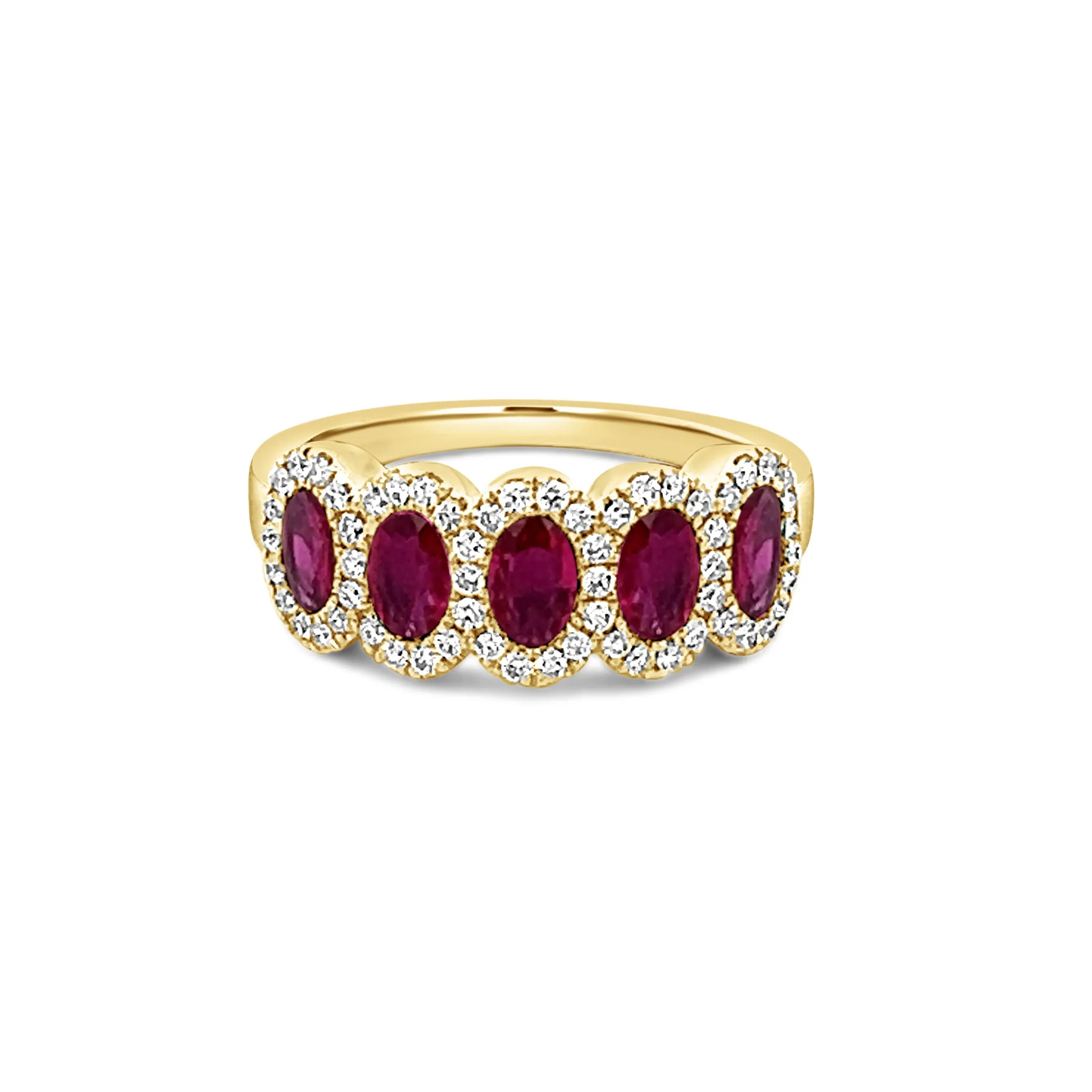 Five Stone Ruby with Diamond Halo Ring
