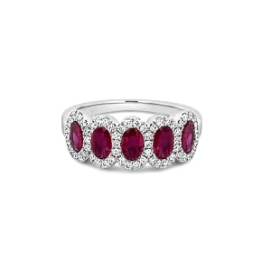 Five Stone Ruby with Diamond Halo Ring