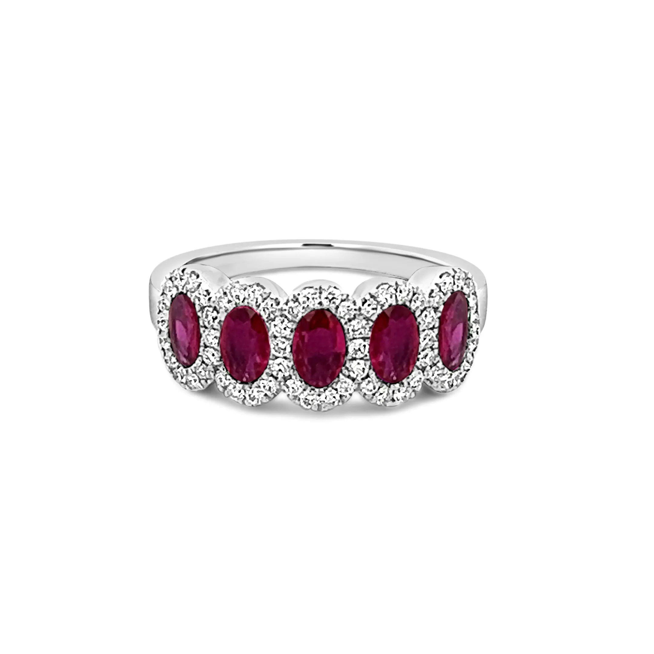 Five Stone Ruby with Diamond Halo Ring