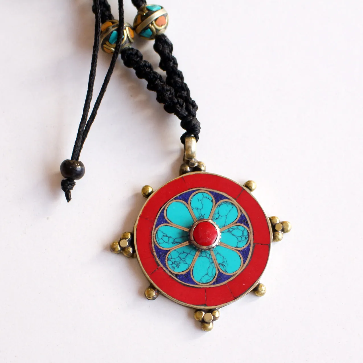 Flower Design Tibetan White Metal Inlaid Pendant