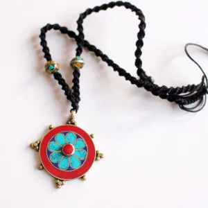 Flower Design Tibetan White Metal Inlaid Pendant