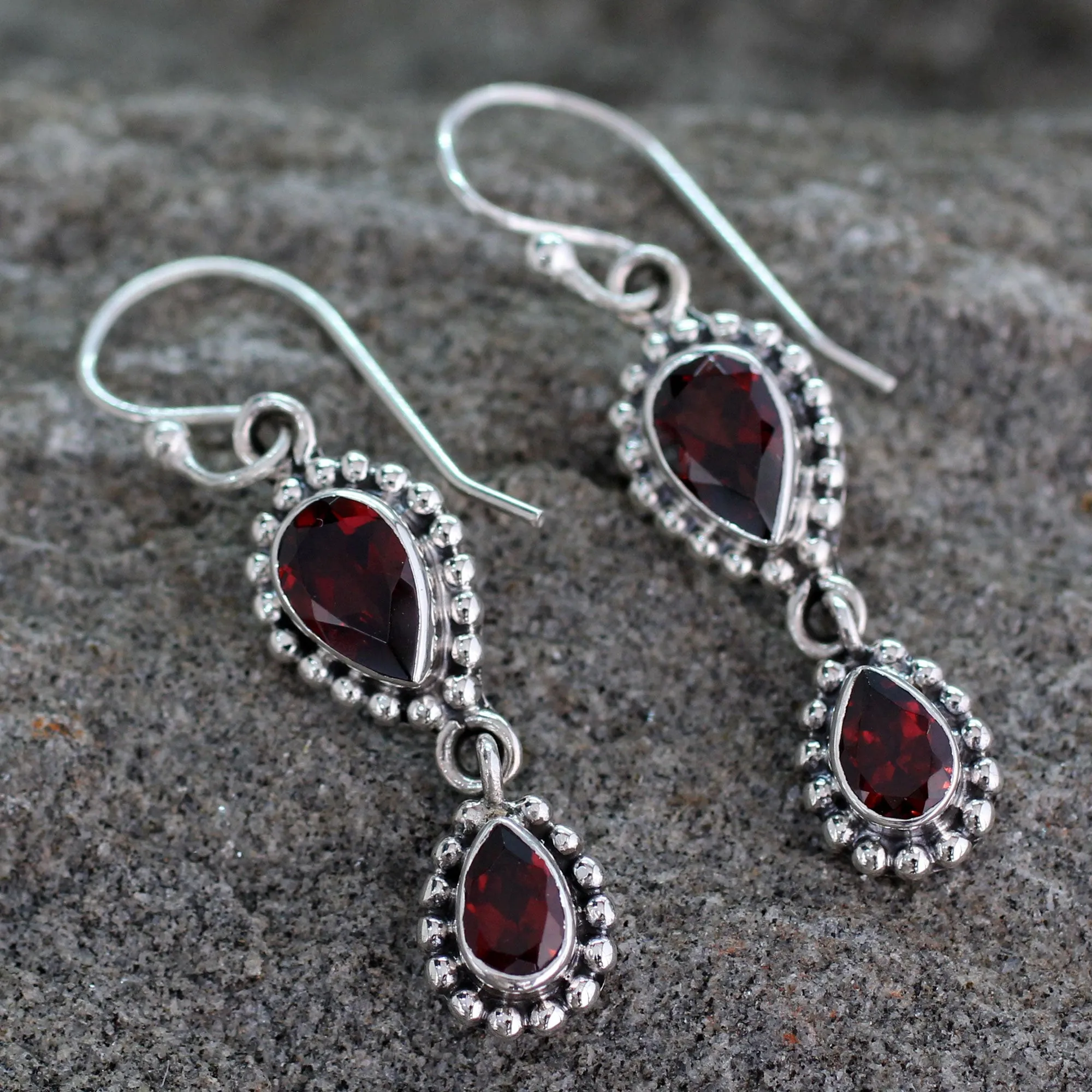 Garnet Earrings in Sterling Silver from India Jewelry - 'Halo of Beauty' | NOVICA