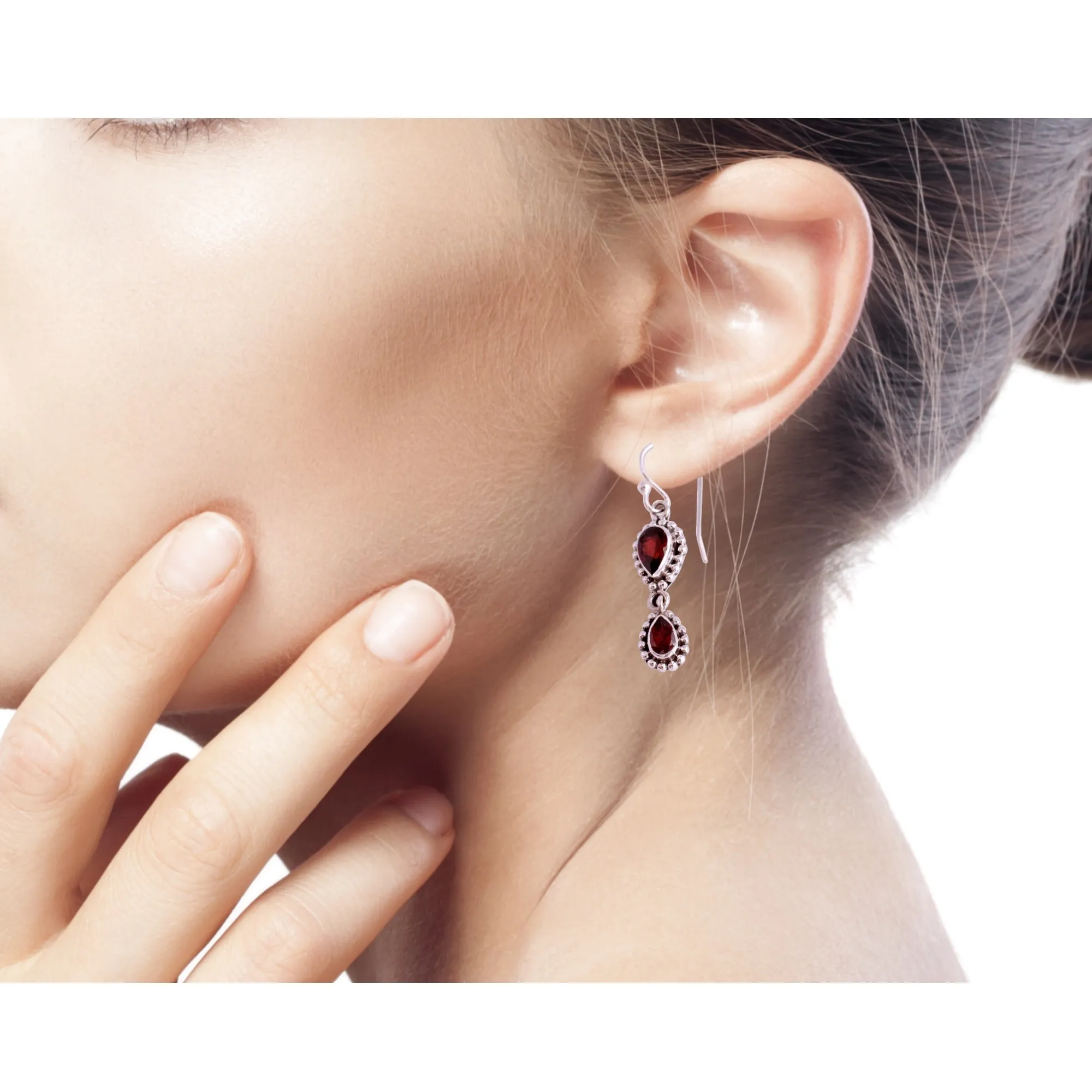 Garnet Earrings in Sterling Silver from India Jewelry - 'Halo of Beauty' | NOVICA