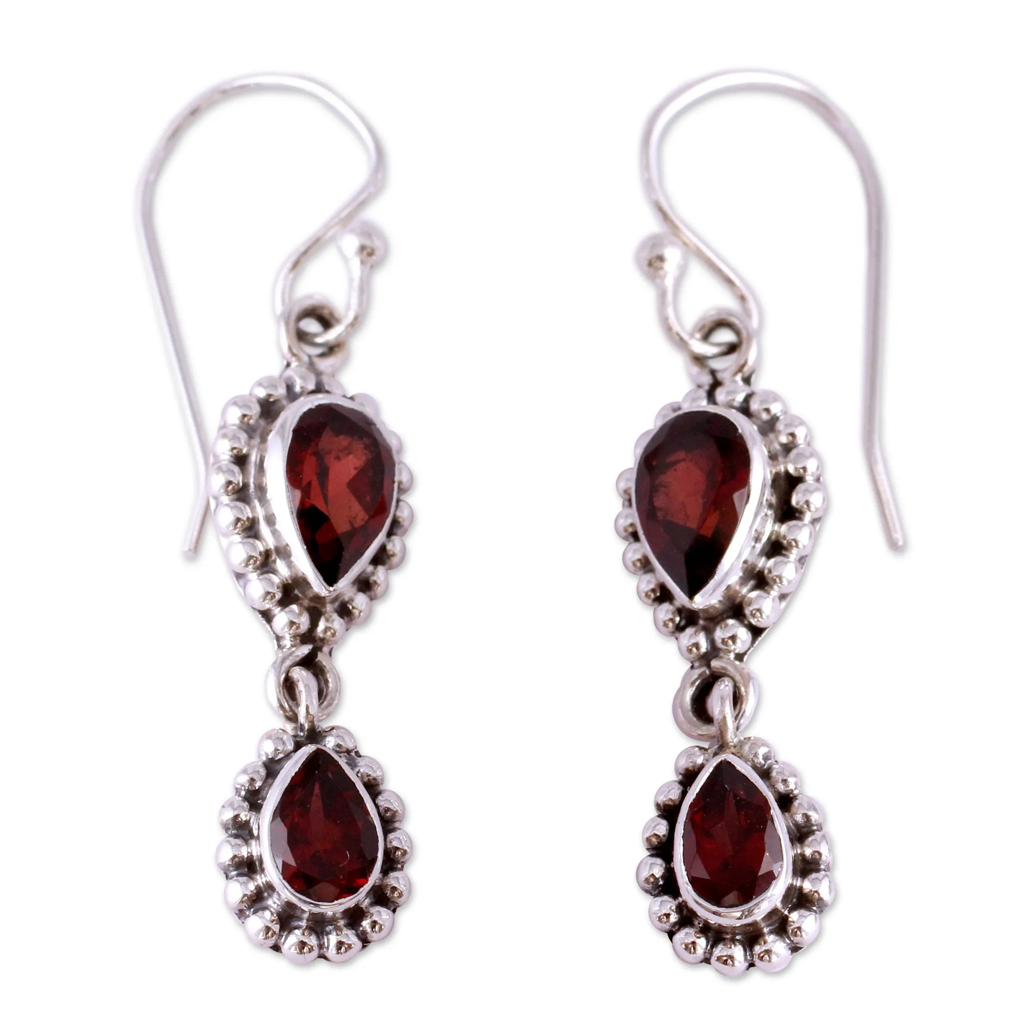 Garnet Earrings in Sterling Silver from India Jewelry - 'Halo of Beauty' | NOVICA