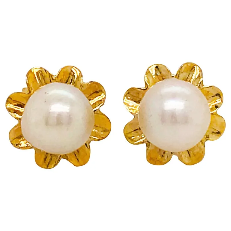 Genuine Pearl Gold Flower Earrings