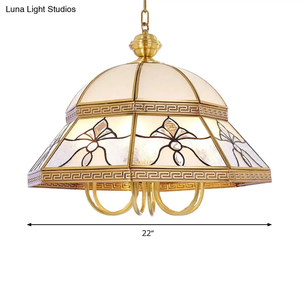 Gold Colonial Dome Pendant Chandelier - 6-Head Sandblasted Glass Fixture