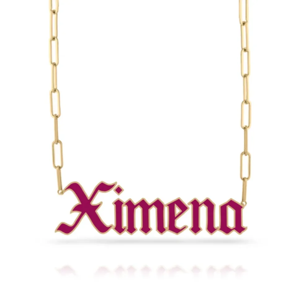 Gothic Enamel Name Paperclip Necklace