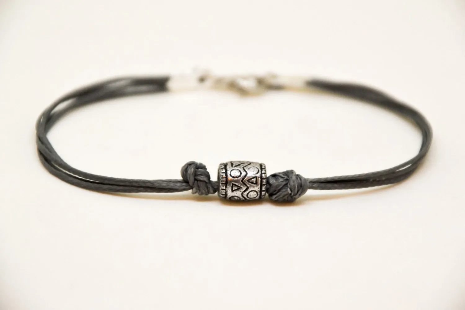 Grey cord bracelet, silver bead charm for men, minimalist jewelry for him