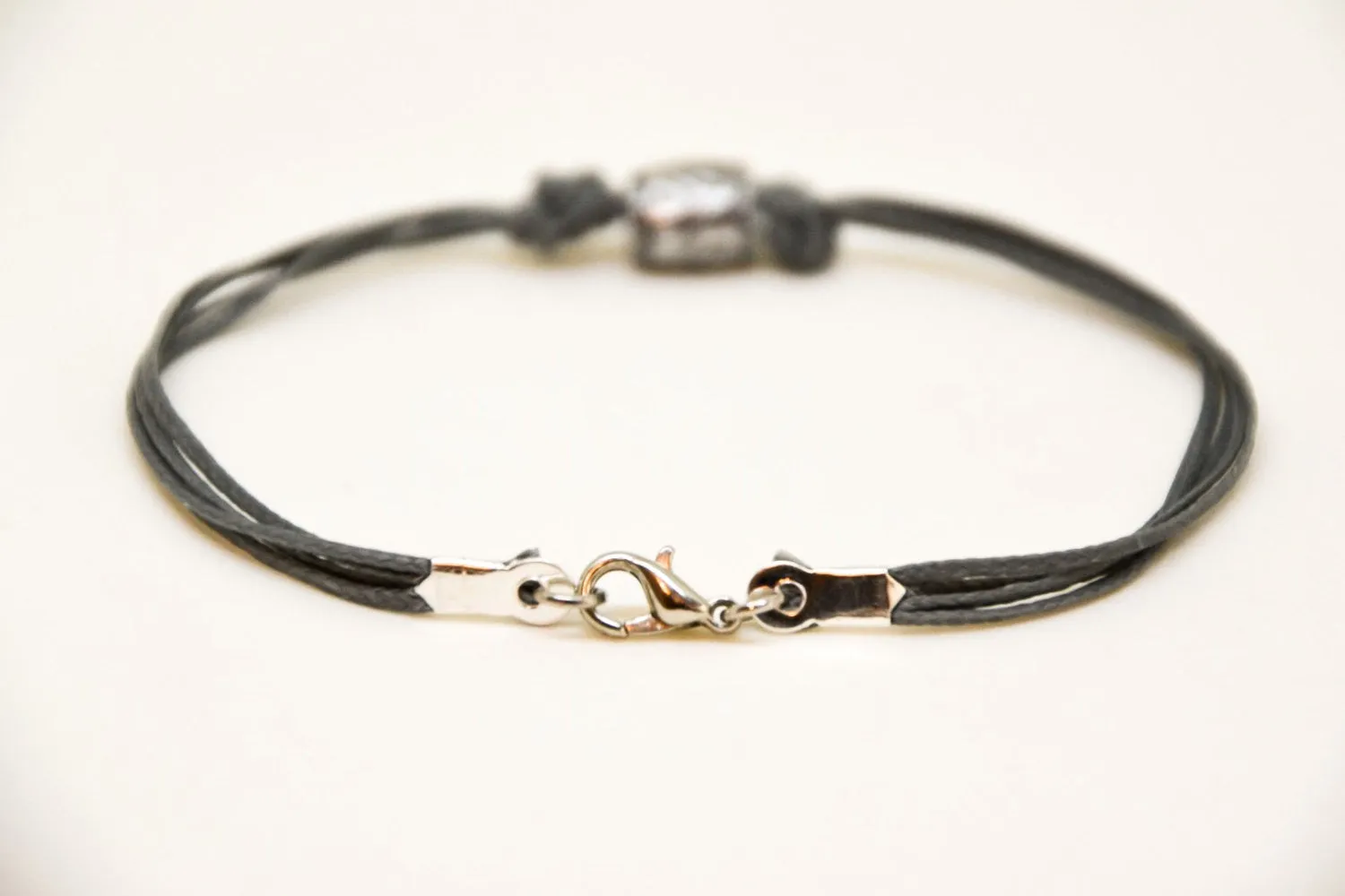 Grey cord bracelet, silver bead charm for men, minimalist jewelry for him