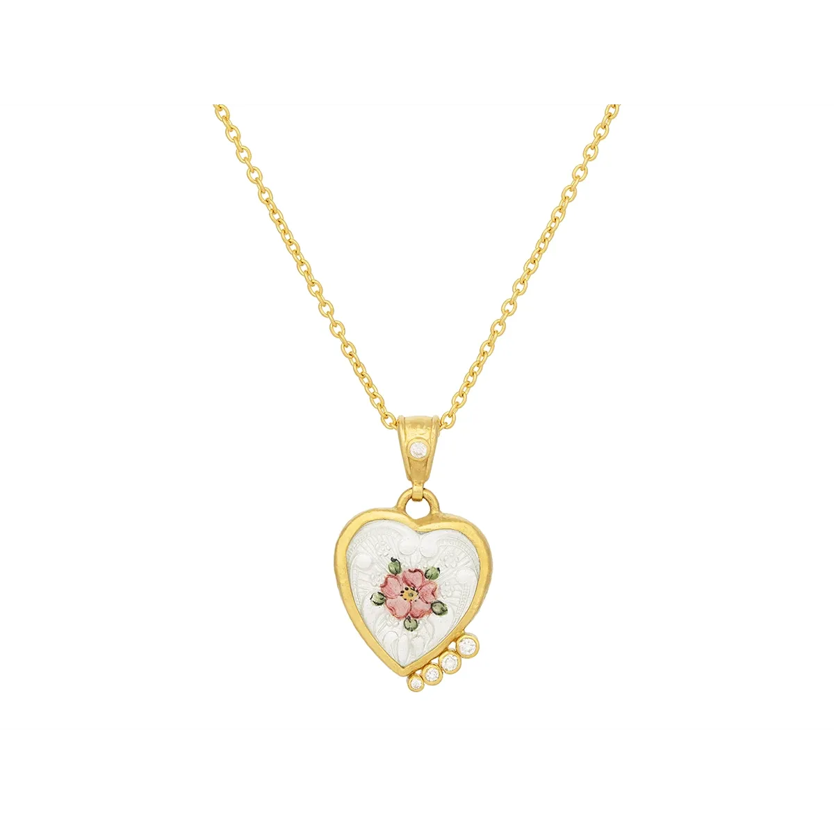 Gurhan One-of-a-Kind 22K Yellow Gold Solid Chain with 24K Heart Shaped Cabochon Guilloche and Diamond Pendant with 18K Detachable Bail and Lobster Clasp