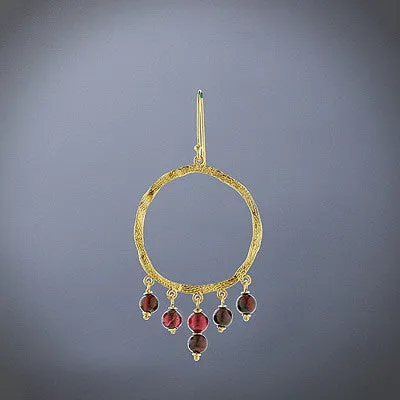 Hanging hoops gold plated earrings with garnet