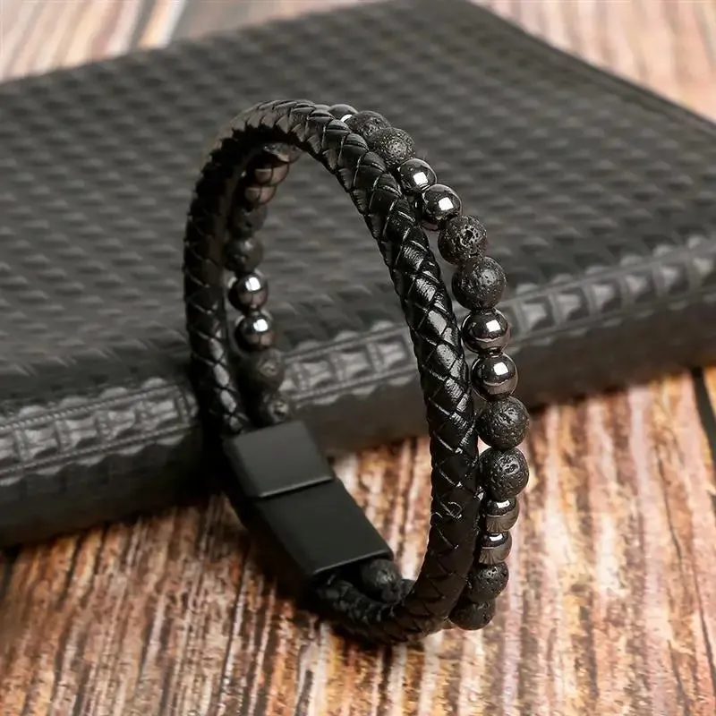 High Quality Leather Bracelet Men Classic Fashion Tiger Eye Beaded Multi Layer Leather Bracelet For Men Jewelry Gift