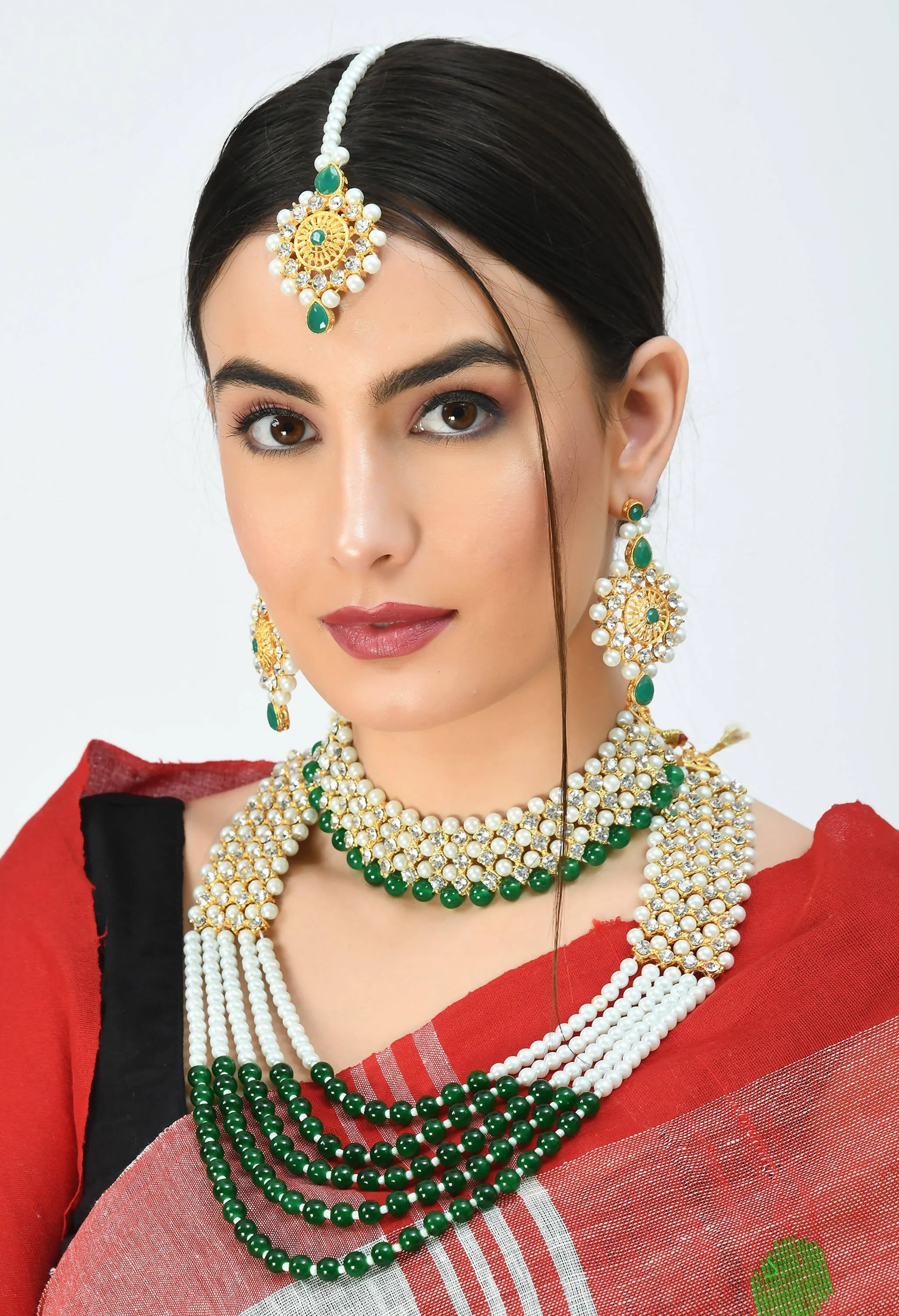 Kamal Johar Gold-Plated Rani Haar with Green and Off white Pearls Jewellery Set Jkms_031