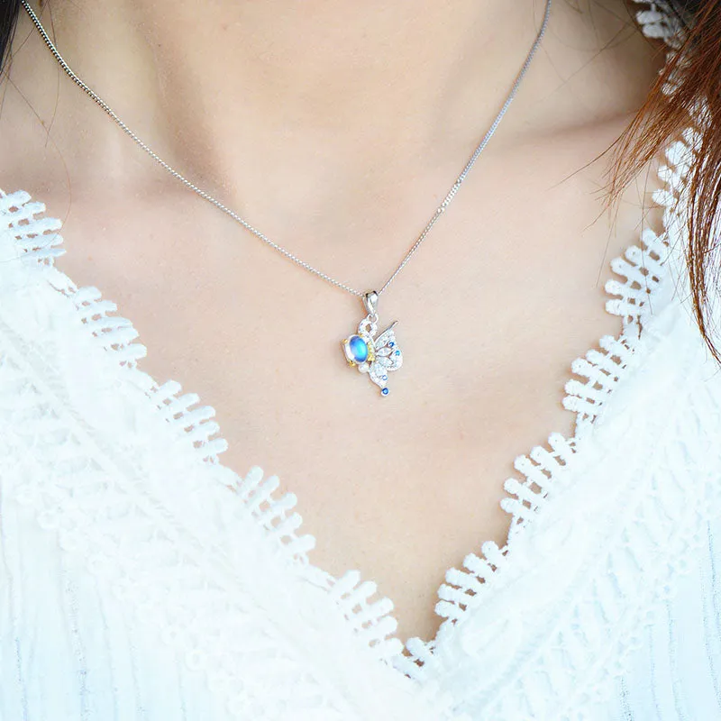 Ladies Gold Plated Silver Butterfly Moonstone Pendant Necklace For Women