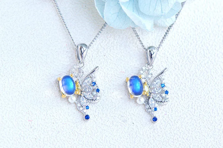 Ladies Gold Plated Silver Butterfly Moonstone Pendant Necklace For Women