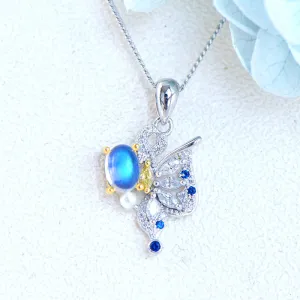 Ladies Gold Plated Silver Butterfly Moonstone Pendant Necklace For Women