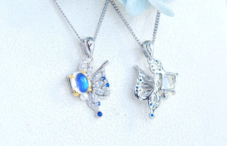 Ladies Gold Plated Silver Butterfly Moonstone Pendant Necklace For Women