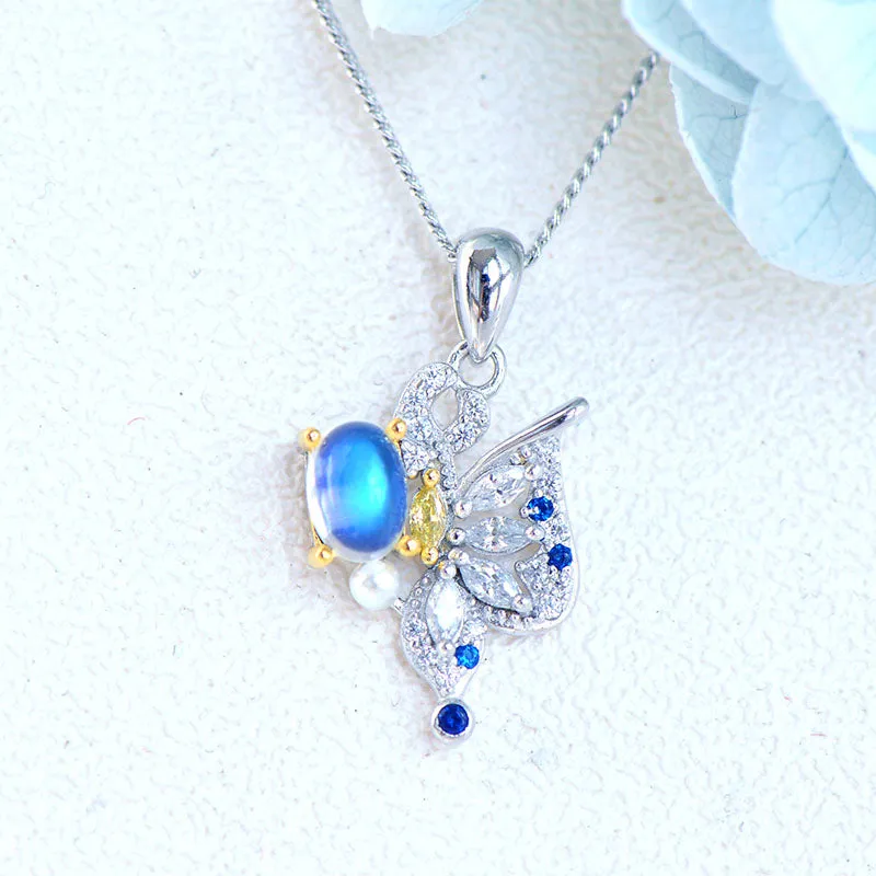 Ladies Gold Plated Silver Butterfly Moonstone Pendant Necklace For Women