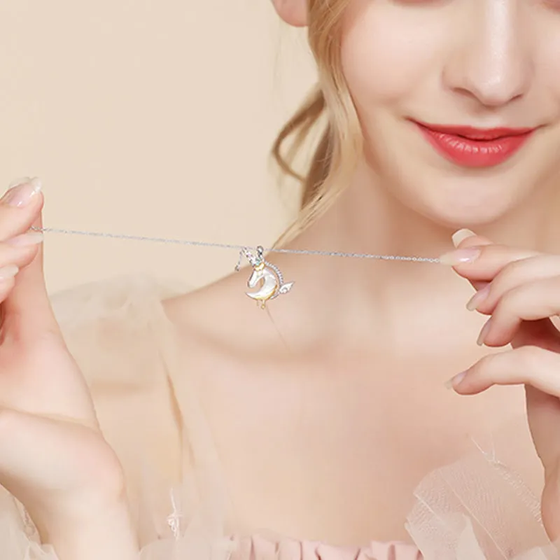 Ladies Sterling Silver Unicorn Moonstone Topaz Pendant Necklace June Birthstone Jewelry for Women