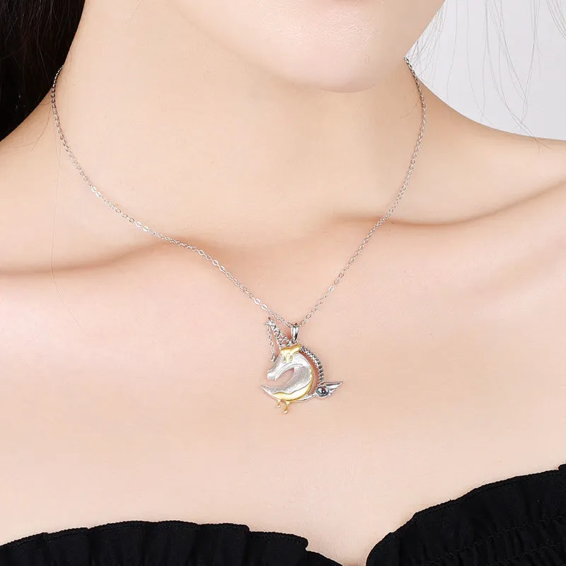 Ladies Sterling Silver Unicorn Moonstone Topaz Pendant Necklace June Birthstone Jewelry for Women
